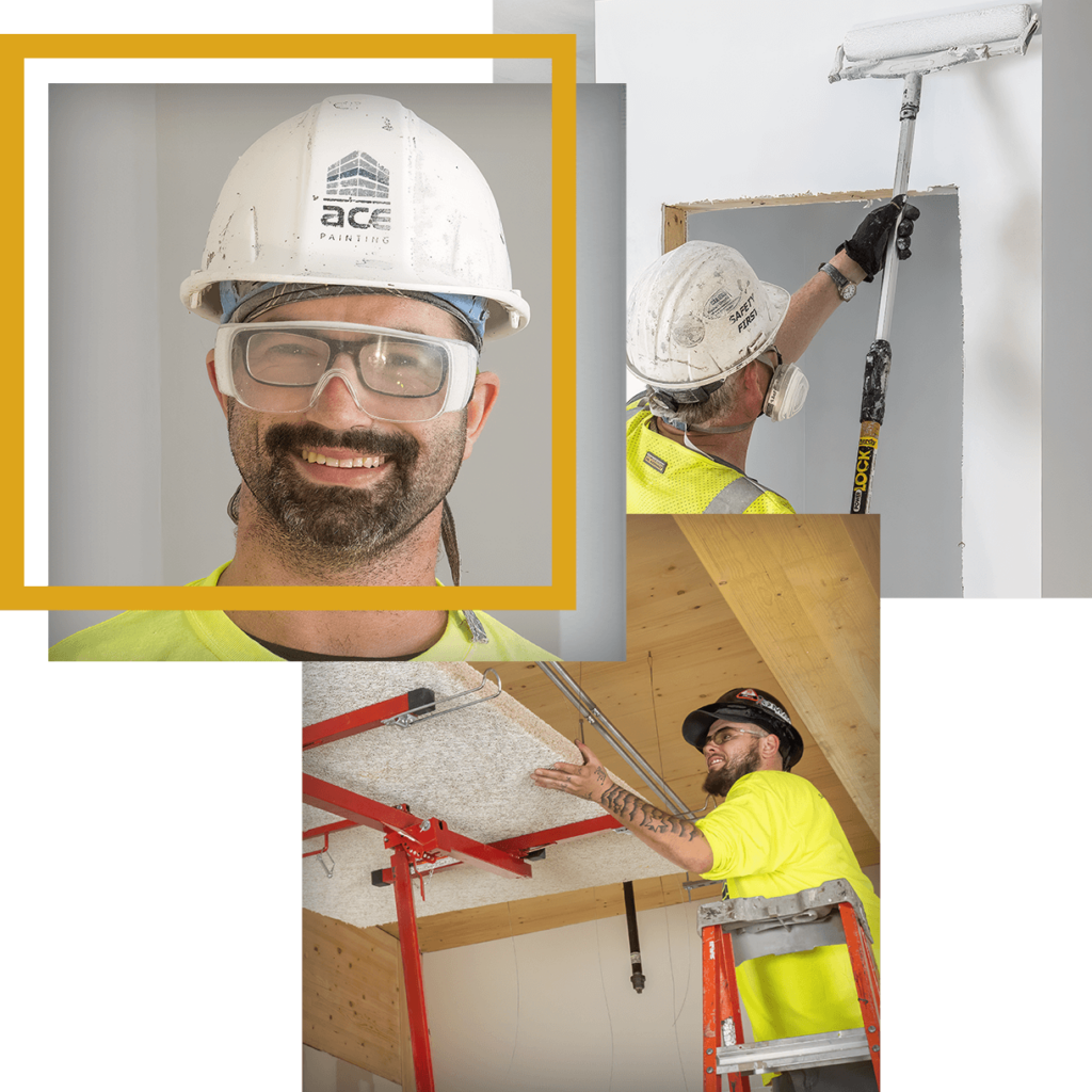 workers painting and installing acoustical ceilings